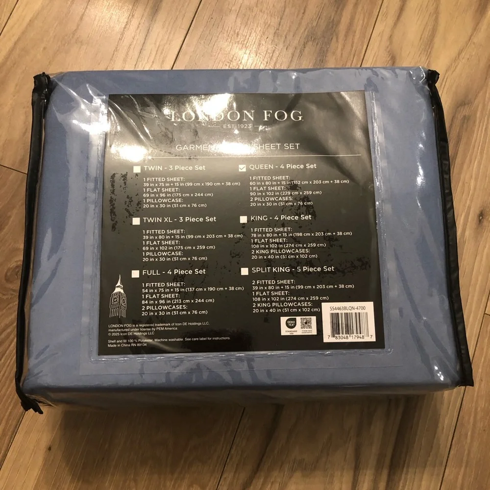 London Fog Garment Wash Wrinkle Resistant Sheet Set, Queen Size, Blue